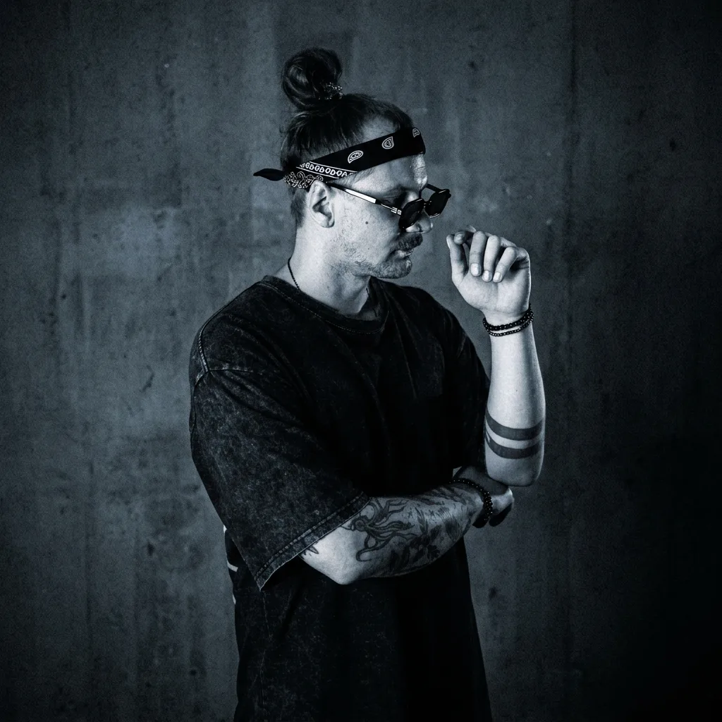 DAY SHO in profile against a concrete wall, lowering his sunglasses